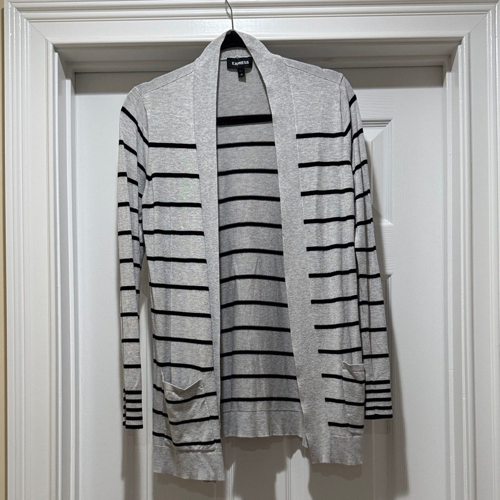 Express Light Gray and Black Striped Open Cardigan